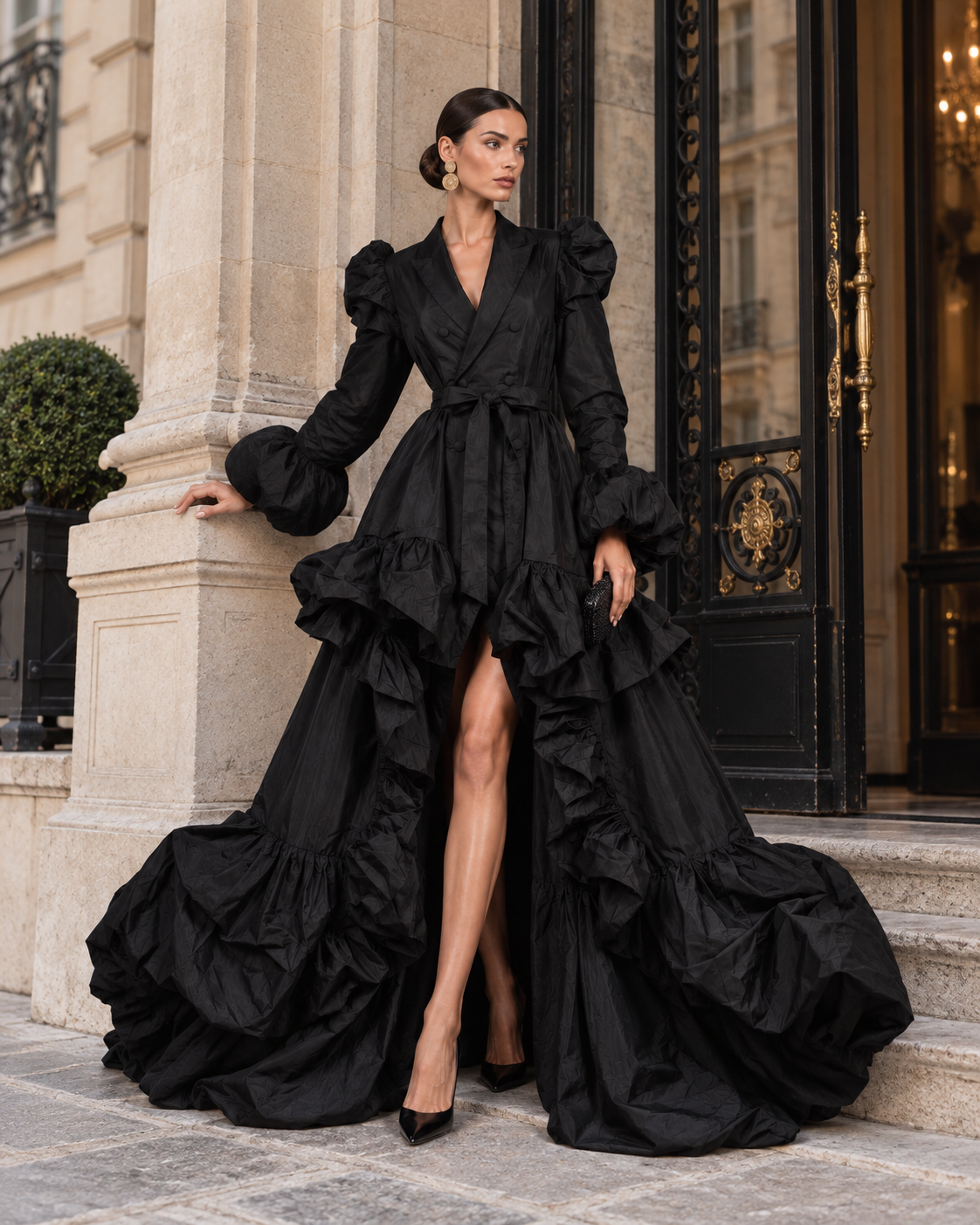 ALEXLO — black ruffled evening coat gown on the runway