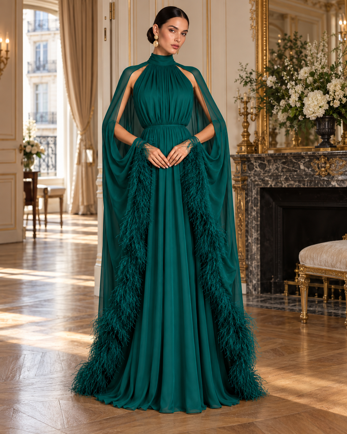 ALEXLO — emerald cape gown with feather trim on the runway
