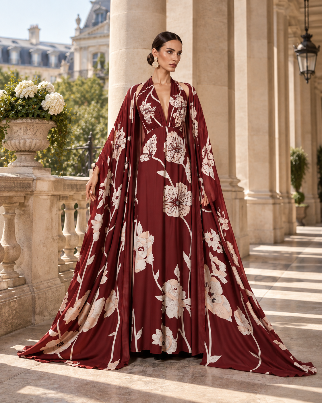 ALEXLO — burgundy floral cape gown on the runway