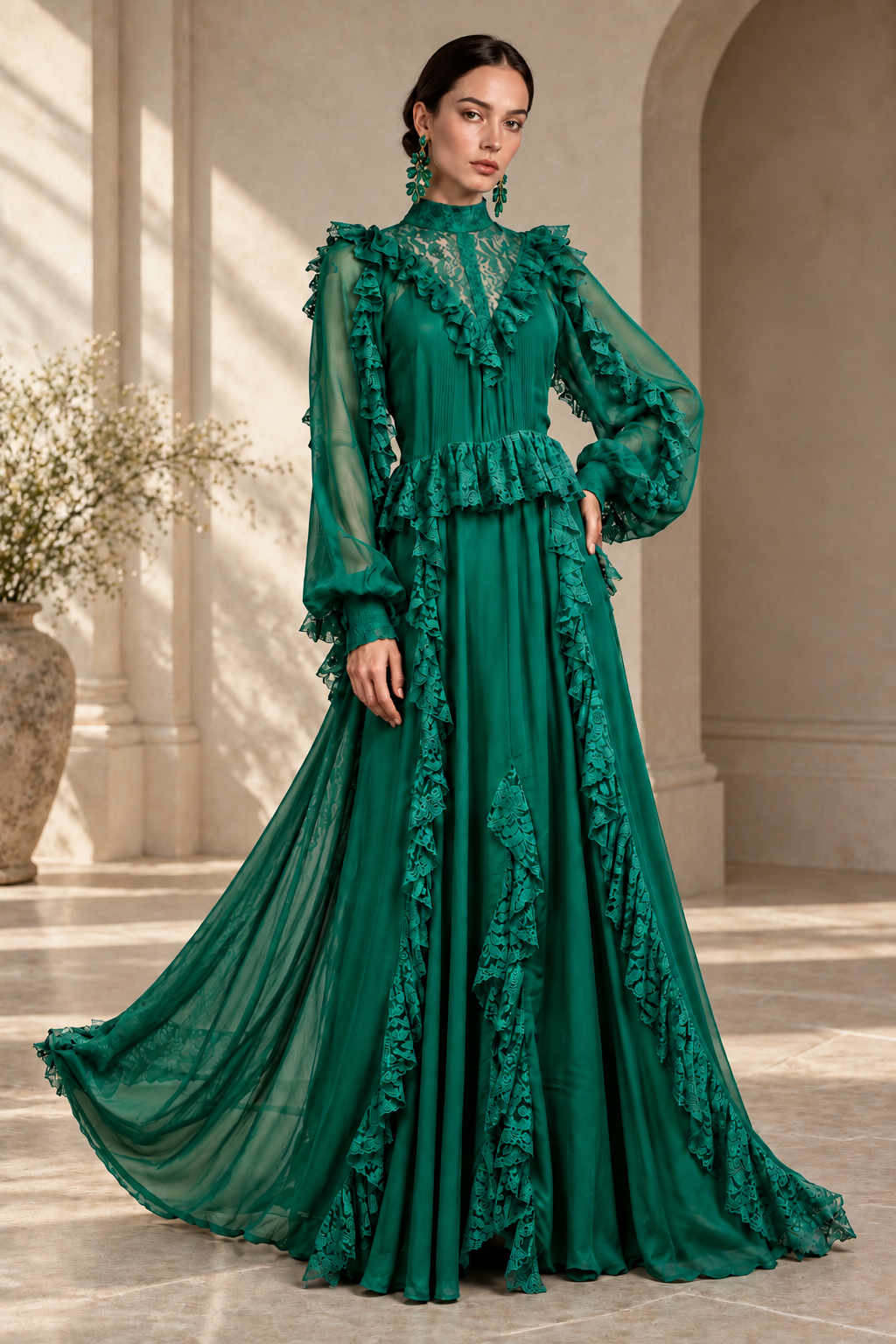 ALEXLO — emerald lace-trimmed gown, New Collection