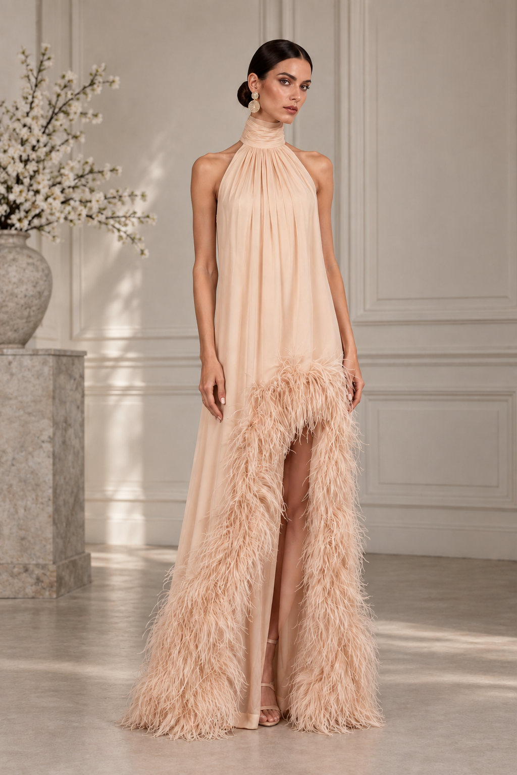 ALEXLO — blush feather-trim halter gown, New Collection