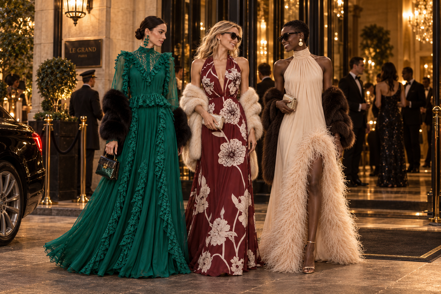 ALEXLO — Paris brand campaign, three women arriving at Le Grand Paris