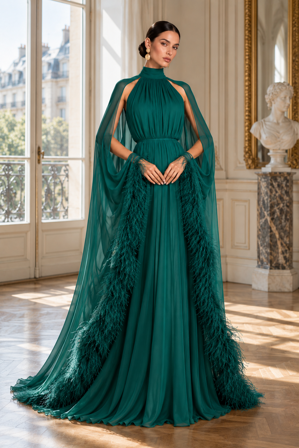 ALEXLO — emerald feather cape gown, New Collection